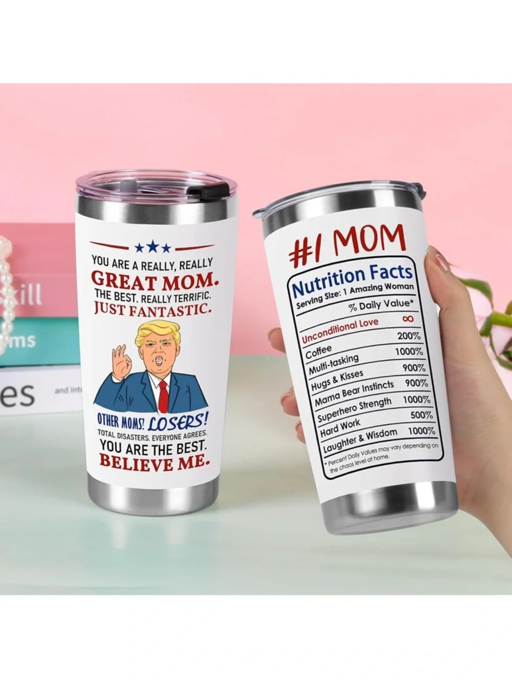 #1 Mom White Stainless Steel Tumbler with Patriotic Cartoon new